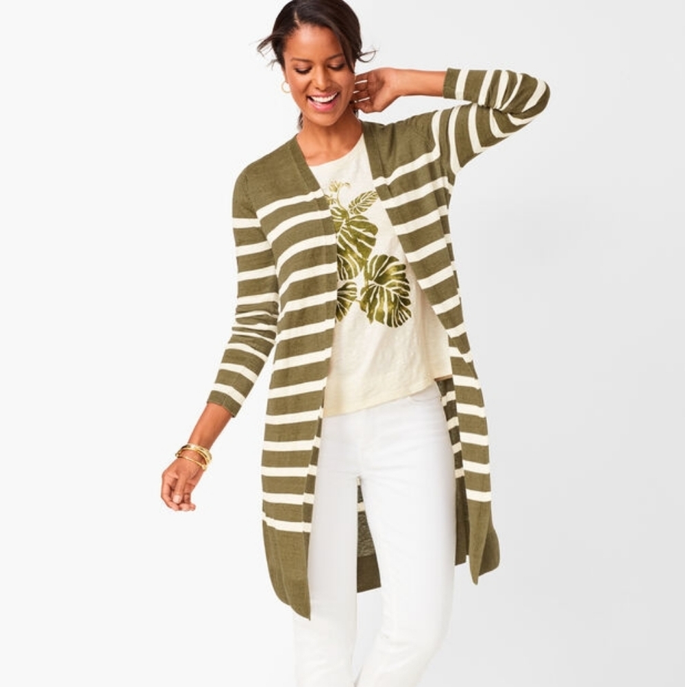 Talbots Lightweight Olive Green Striped Duster‎ Cardigan